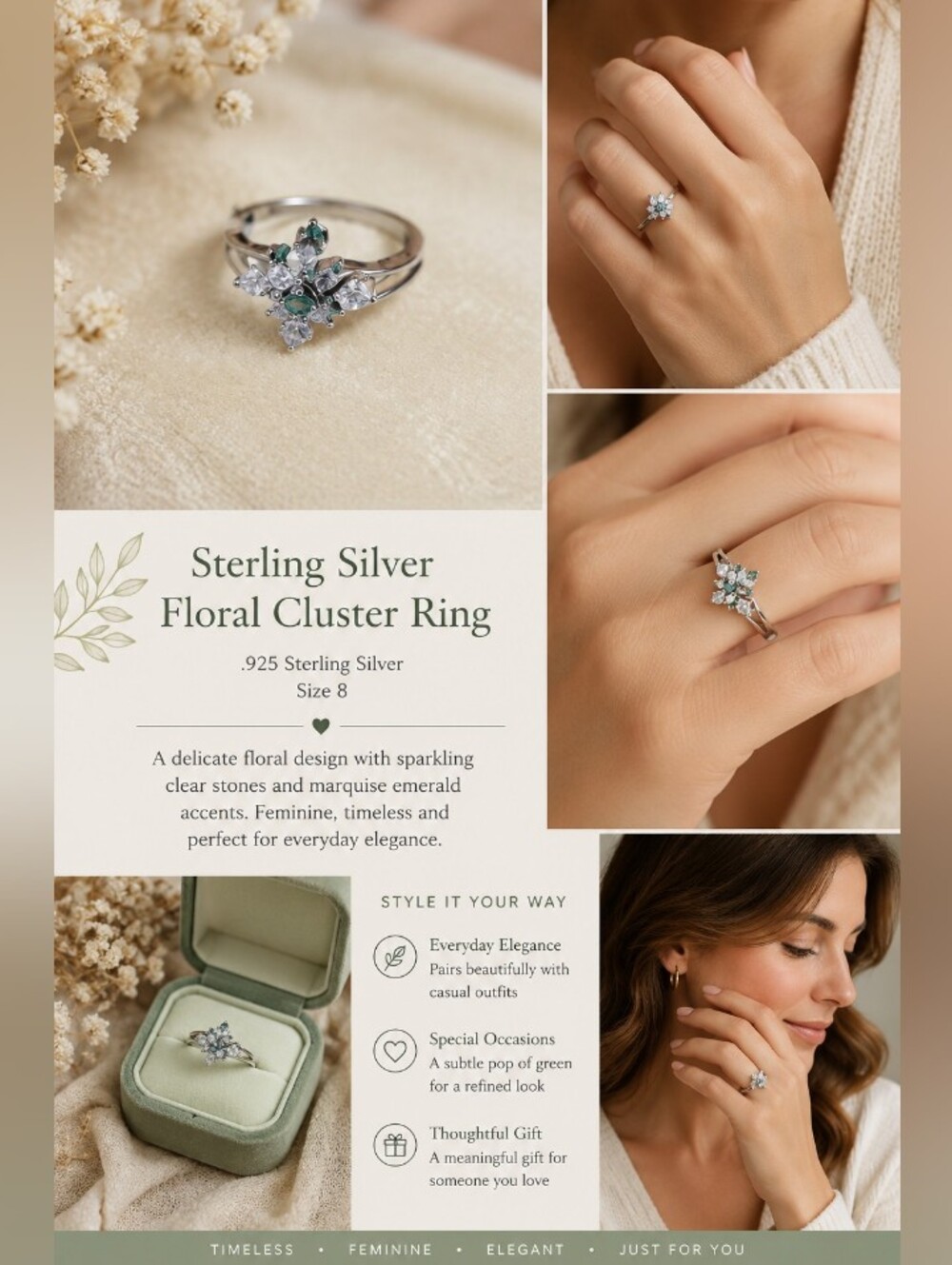 Sterling Silver Floral Cluster Ring with Green Center Stone